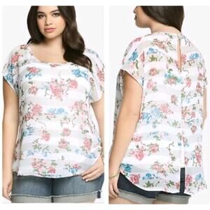 Torrid Striped Floral Sheer Button Back Top white gray pink blue